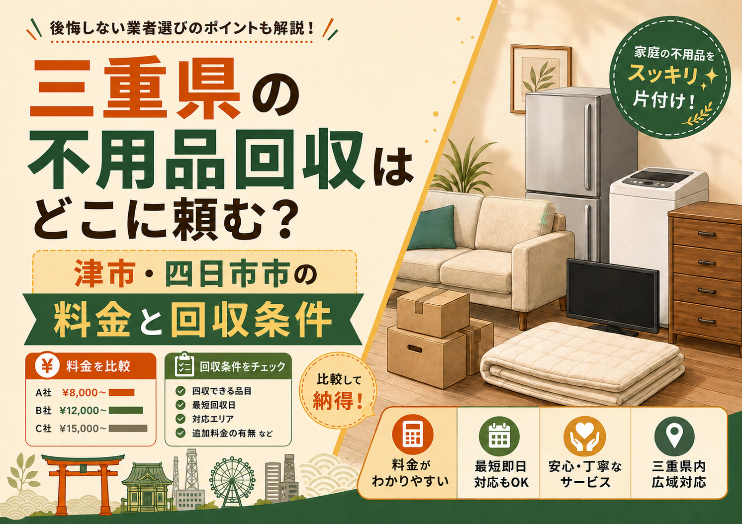 三重県の不用品回収はどこに頼む？津市・四日市市の料金と回収条件